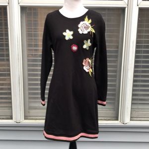 Boston Proper Black Pink Floral Appliqués Sweatshirt Dress size Small